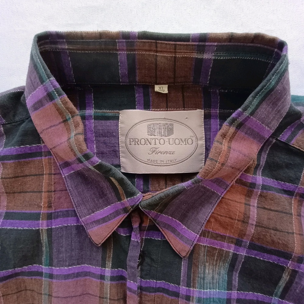 Pronto Uomo Mens Shirt Size XL Purple Plaid Long Sleeve Button Down‎